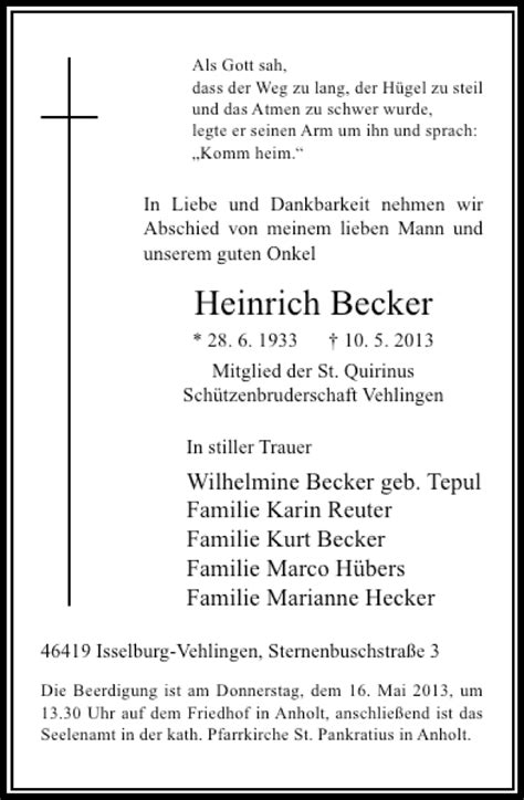 Alle Traueranzeigen F R Heinrich Becker Trauer Rp Online De