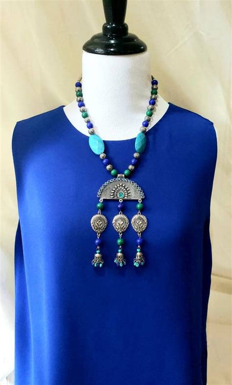 Oxidized Silver Peacock Necklace Colorful Indian Necklace Etsy