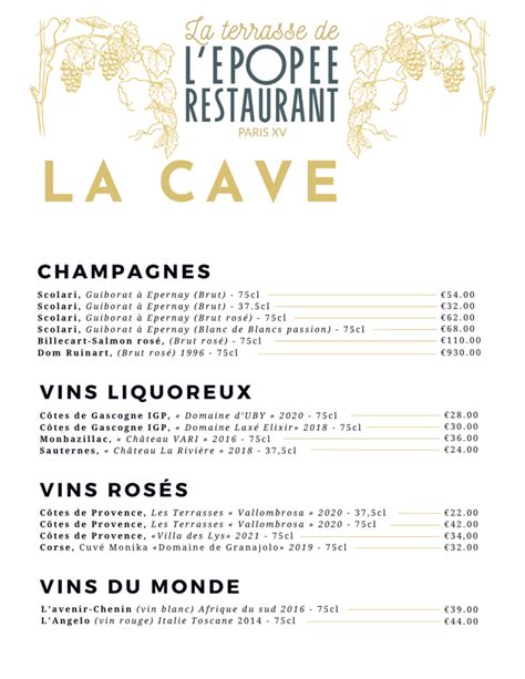 Carte des vins L Epopée Restaurant