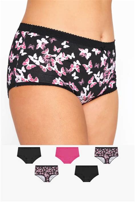 5 Pack Black And Bright Pink Butterfly Print Full Briefs Yours Clothing