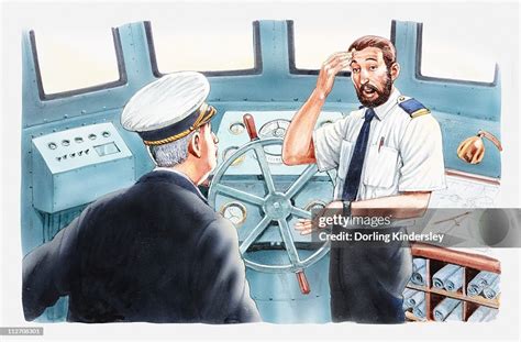illustration  captain talking  officer standing  helm  bridge