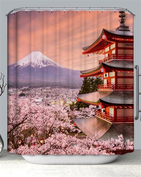 Mount Fuji Japanese Temple And Cherry Blossom Shower Curtain Shower