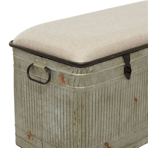 Grayson Lane Farmhouse Gray Galvanized Cream With Burlap Top And Latches Storage Bench With