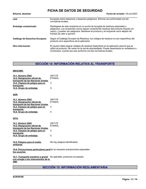 Ficha De Datos De Seguridad Msds Ethanol Alcohol Et Lico Pdf