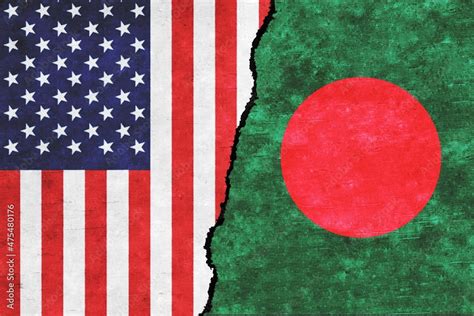 Usa And Bangladesh Painted Flags On A Wall With A Crack Usa And