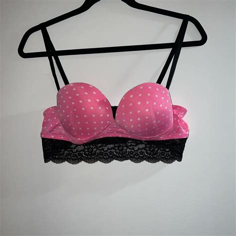 Pink And White Polka Dot Push Up Bra With Black Lace Depop