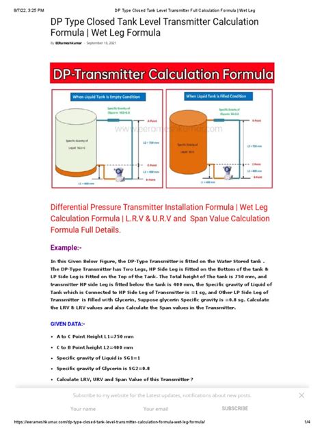 Dp Type Closed Tank Level Transmitter Full Calculation Formula Wet Leg Pdf Pressure