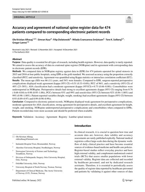 Pdf Accuracy And Agreement Of National Spine Register Data For 474