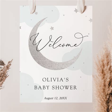 Moon And Stars Shower Welcome Sign Baby Shower Blue Clouds Etsy