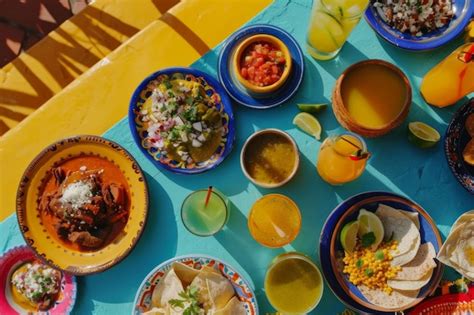 Colorful mexican food spread on a sunny table with drinks and cactus ...