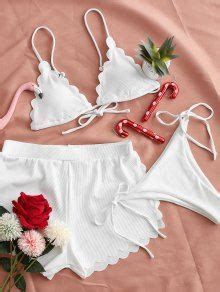 Zaful Ribbed Scalloped Three Pieces String Bikini Swimwear In White