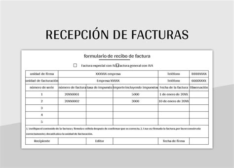 Plantilla De Formato Excel Recepción De Facturas Y Hoja De Cálculo De