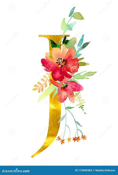 Golden Classical Form Letter J Decorated With Watercolor Flowers And