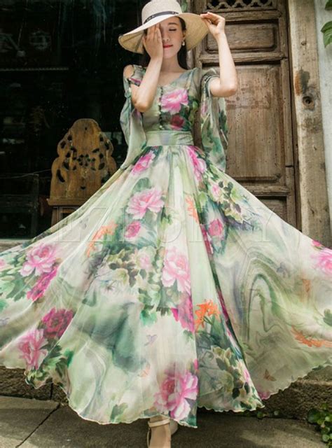 Dresses Maxi Dresses Boho Short Sleeve Floral Print Chiffon Maxi Dress