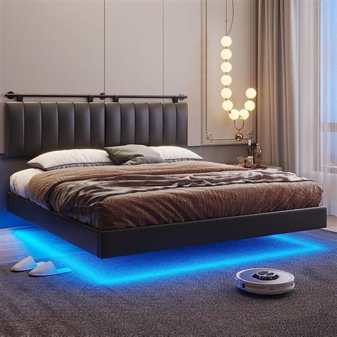 King Size Floating Bed Frame with LED Lights,Faux Leather Upholstered ...