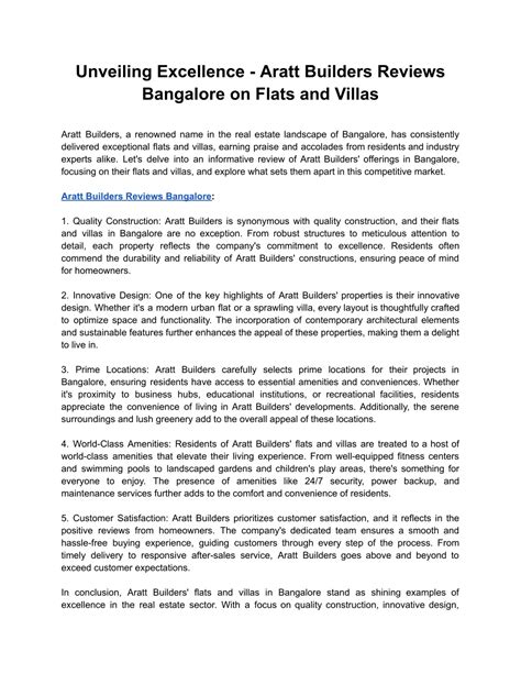 Ppt Unveiling Excellence Aratt Builders Reviews Bangalore On Flats