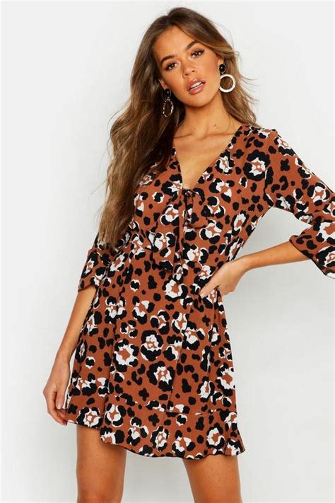 Womens Tie Front Leopard Tea Dress Boohoo Uk