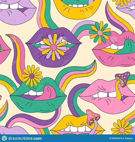 Psychedelic Pattern Lips With Flowers In 70s 80s Retro Hippie Style Stock Vector Illustration