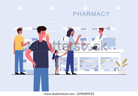 Pharmacy Pharmacist Client Counter Drugstore Cartoon Stock Vector