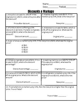 Discounts Markups Worksheet By Simple Math Worksheets Tpt