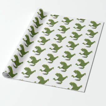 Funny Green T Rex Dinosaur Cartoon Illustraton Wrapping Paper Zazzle