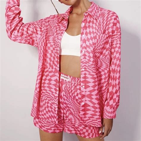 Hot Pink Checkered Two Piece Set Size S M Size Depop