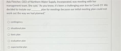 Solved Ada Fletcher Ceo Of Northern Water Supply Chegg