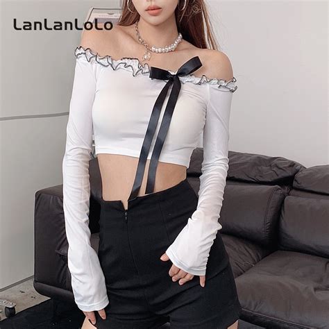 Lanlanlolo Women Solid Color Sexy Off Shoulder Long Sleeve Bow