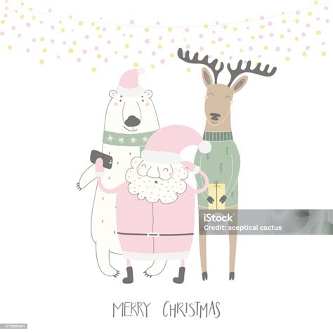 Funny Santa Polar Bear Reindeer Christmas Card Stock Illustration