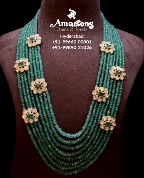 Multi Strand Emerald Beads Haram With Uncut Diamond Motifs