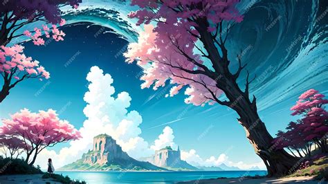 Premium AI Image | An ancient cherry blossom tree anime scene