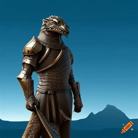 3d Animated Image A Bronze Statue Of A D D Style Dragonborn In Armor