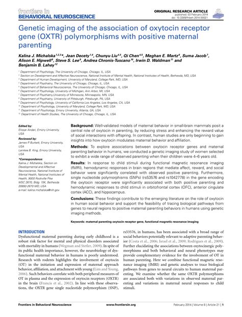 PDF Genetic Imaging Of The Association Of Oxytocin Receptor Gene