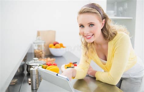 Happy Cute Blonde Using Tablet Stock Image Image Of Board Abode 34400933