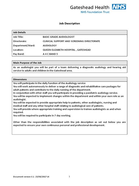 Audiologist Job Description Band 5 2019 | PDF | Audiology | Hearing Loss