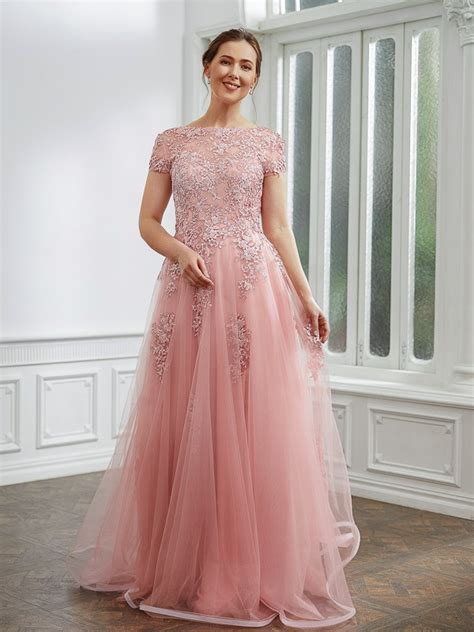 A Line Princess Tulle Applique Bateau Short Sleeves Floor Length