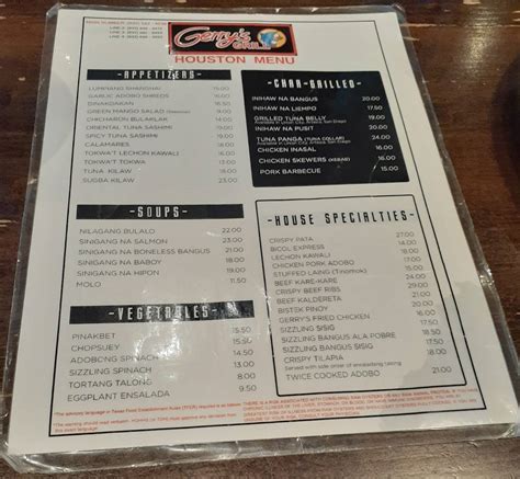 Menu at Gerry's Grill restaurant, Houston