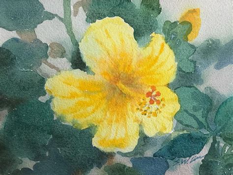 Yellow Hibiscus Flower Original Watercolor Painting Hawaii Maui Hands