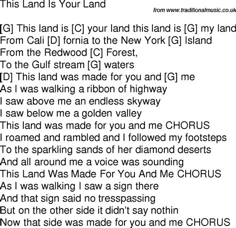 Old Time Song Lyrics With Guitar Chords For This Land Is Your Land G