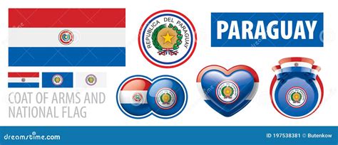 Vector Set Of The Coat Of Arms And National Flag Of Paraguay Stock