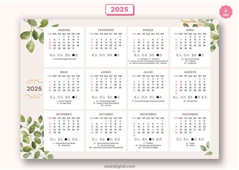 Calendário 2025 para imprimir A4 Obah Digital