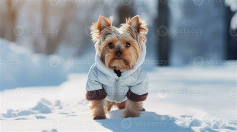 AI generated Cute Yorkshire Terrier walking along a snowy street on a