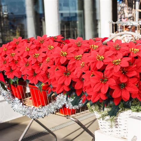 Tigeen 80 Pcs Christmas Artificial Poinsettia Flowers 7 Heads Faux