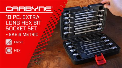 CARBYNE Extra Long Hex Allen Bit Socket Set 18 Pieces SAE Metric