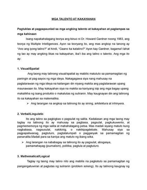 Mga Talento At Kakayahan Mga Talento At Kakayahan Pagtuklas At