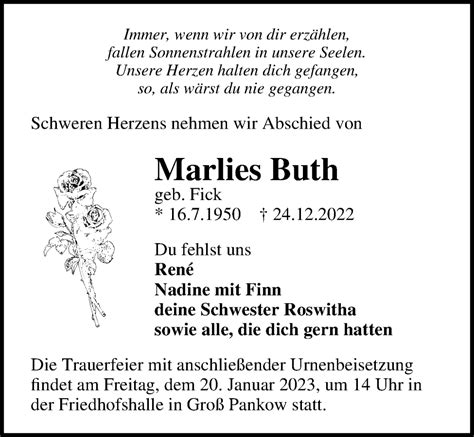 Traueranzeigen Von Marlies Buth Trauer Anzeigen De