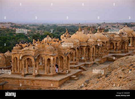 The cenotaphs of Bada Bagh at sunset, Jaisalmer, Rajasthan, India Stock ...