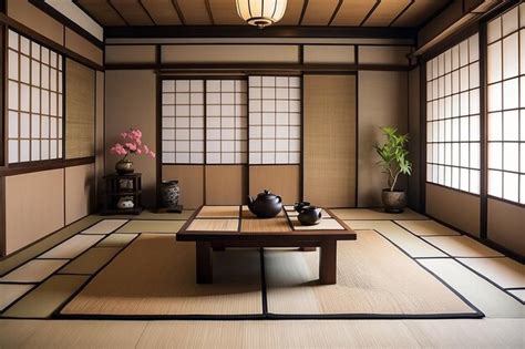 Premium Photo Traditional Japanese Tea Room Interior With Tatami Mats