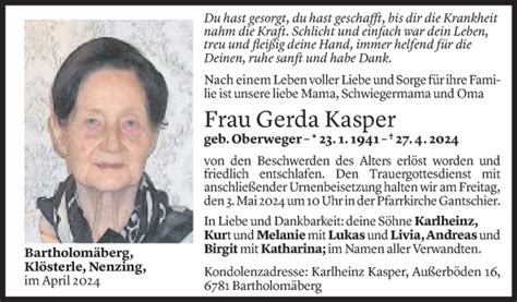 Todesanzeigen Von Gerda Kasper Todesanzeigen Vorarlberger Nachrichten