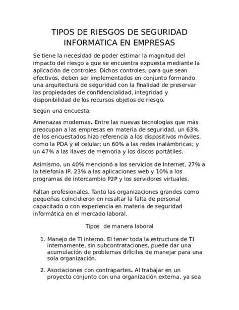 Doc Tipos De Riesgos De Seguridad Informatica En Empresas